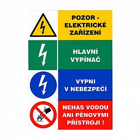 Tabulka - Pozor elektrické zařízení Hlavní vypínač Vypni v nebezpečí Nehas vodou (samolepka A5)