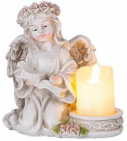 Dekorace Anděl s knihou a svíčkou, LED, polyresin, na hrob, 17,5x14,5x17,5cm